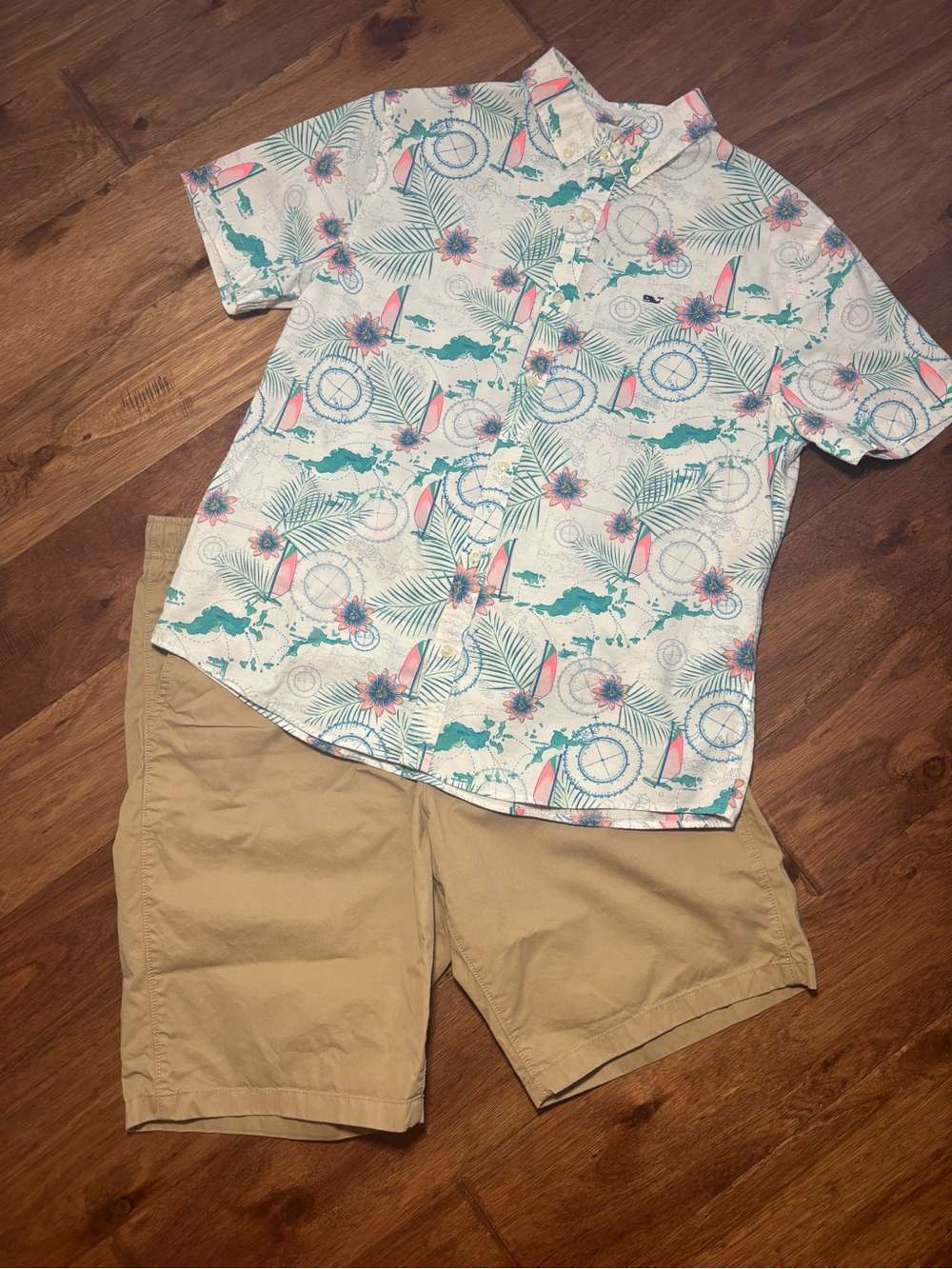 Boys Vineyard Vines Outfit Set Button Down Shirt Lands End Khaki Shorts XXL18-20